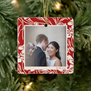 Ornamento De Cerâmica Foto personalizada de padrão floral vermelho lega