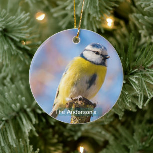 Ornamento De Cerâmica Foto Personalizada de Pássaro Amarelo Azul Cute