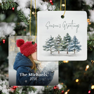 Ornamento De Cerâmica Foto Personalizada de Pinheiros Verdes no Inverno