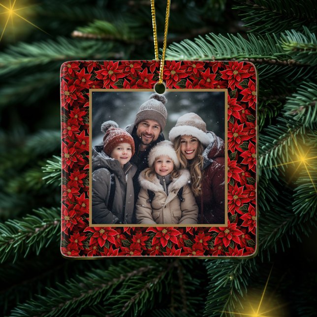 Ornamento De Cerâmica Foto Personalizada de Poinsettia de Natal Vermelho (Criador carregado)