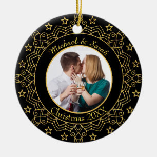 Ornamento De Cerâmica Foto personalizada de quadro preto e Dourado do or