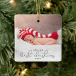 Ornamento De Cerâmica Foto Personalizada de Script Moderno Primeiro Nata<br><div class="desc">Este moderno roteiro FIRST CHRISTMAS O ornamento fotográfico apresenta seu novo bebê na frente e atrás,  assim como seu nome e ano de nascimento. Este na moda de guardar lembrará o seu primeiro Natal juntos!</div>
