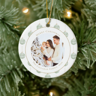 Ornamento De Cerâmica Foto personalizada de Xadrez Gingham Verde e Bonit