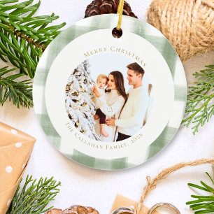 Ornamento De Cerâmica Foto personalizada de Xadrez Gingham Verde e Bonit