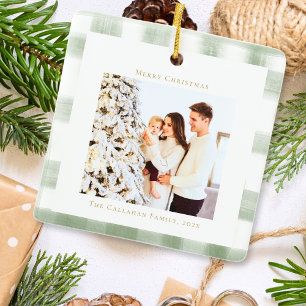 Ornamento De Cerâmica Foto personalizada de Xadrez Gingham Verde e Bonit
