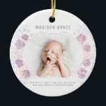 Ornamento De Cerâmica Foto personalizada do anúncio de nascimento da beb<br><div class="desc">Lançamento de Nascimento de Bebê Petal design de Foto Personalizada com quadro curvo de rico desenhado à mão, tons pastéis de rosa pincelado e flores e pétalas de cor d'água púrpura. Uma maneira adorável de mostrar o mais novo membro da família! Basta substituir a imagem por sua própria fotografia e...</div>