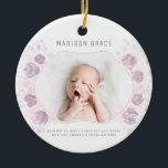 Ornamento De Cerâmica Foto personalizada do anúncio de nascimento da beb<br><div class="desc">Lançamento de Nascimento de Bebê Petal design de Foto Personalizada com quadro curvo de rico desenhado à mão, tons pastéis de rosa pincelado e flores e pétalas de cor d'água púrpura. Uma maneira adorável de mostrar o mais novo membro da família! Basta substituir a imagem por sua própria fotografia e...</div>