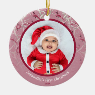 Ornamento De Cerâmica Foto personalizada do bebê cardeal de inverno rosa