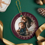 Ornamento De Cerâmica Foto personalizada do bebê no primeiro Natal Fa La<br><div class="desc">O primeiro enfeite de natal do bebê elegante e bonito. Dois lados, dois filhotes de fotos de Natal, e uma mágica e balística, o enfeite de Natal. O design apresenta nossa obra de arte original com agitadores de ouro mágicos, de confete de ouro e neve cintilante, que cria a impressão...</div>