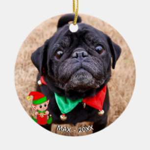 Ornamento De Cerâmica Foto personalizada do cão Pug preto com Elfo fofo