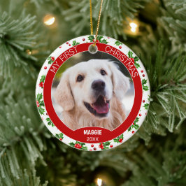 Ornamento De Cerâmica Foto Personalizada do Pet Fofinho 1º Natal em Holl
