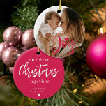 Ornamento De Cerâmica Foto personalizada do primeiro Natal do Bebê, cora<br><div class="desc">Carregue a sua foto favorita (preferencialmente quadrado),  insira o seu texto,  nome e data,  e faça deste moderno ornamento da árvore de Natal rosa,  um presente de guardiã para lembrá-lo e ao seu pequeno Natal juntos!</div>