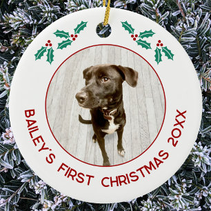 Ornamento De Cerâmica Foto personalizada do primeiro Natal do cachorrinh