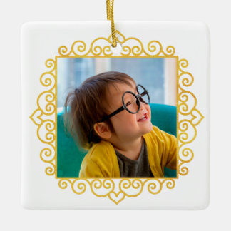Ornamento De Cerâmica Foto personalizada do quadro do coração Dourado no