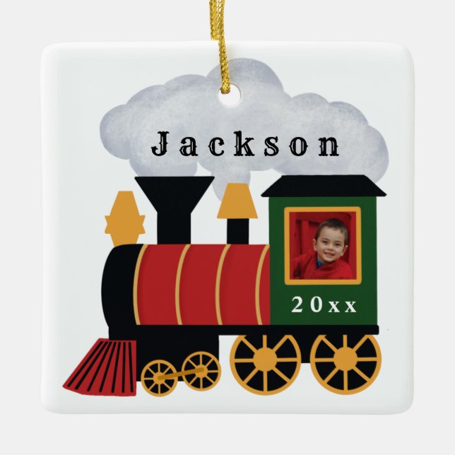 Ornamento De Cerâmica Foto personalizada do trem de Natal (Frente)