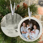 Ornamento De Cerâmica Foto personalizada do Winter Forest Lake Watercolo<br><div class="desc">Enfeites de natal fotográfico que você pode personalizar para Nana e vovô ou qualquer outra pessoa! O design tem uma elegante cena de aquarela de um lado de um lago de floresta de inverno e um pato. O outro lado tem sua foto e seus nomes ou outro texto personalizado. O...</div>