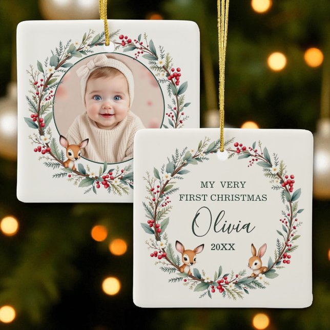Ornamento De Cerâmica Foto personalizada do Woodland Baby First Christma (Criador carregado)
