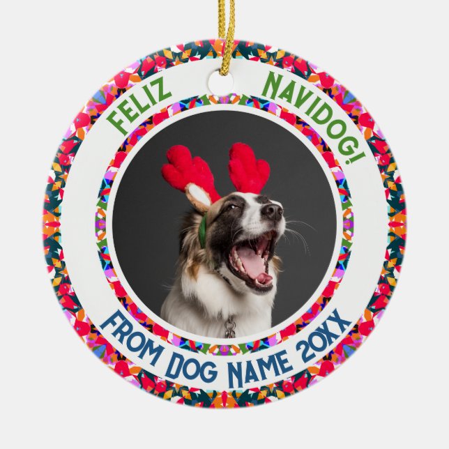 Ornamento De Cerâmica Foto personalizada Feliz Navidog Primeiro Canhão d (Frente)