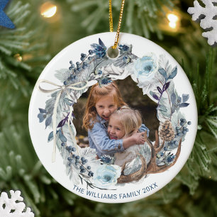 Ornamento De Cerâmica Foto Personalizada, Feriado Branco Azul Elegante
