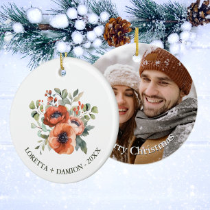 Ornamento De Cerâmica Foto Personalizada Laranja Floral Natal
