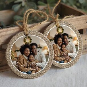 Ornamento De Cerâmica Foto Personalizada Mínima Rustic Farmhouse Burlap