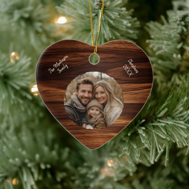 Ornamento De Cerâmica Foto Personalizada Moderna Woodgrain Heart (Árvore)