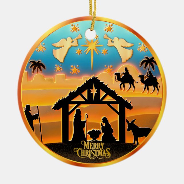 Ornamento De Cerâmica Foto personalizada - Natividade "Feliz Natal" (Frente)