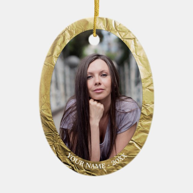 Ornamento De Cerâmica Foto personalizada Oval Gold Foil Efeito Natal (Frente)