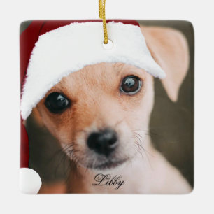 Ornamento De Cerâmica Foto personalizada personalizada de Santa hat pet 