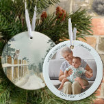 Ornamento De Cerâmica Foto Personalizada Por Aquarela Do Woodland Path<br><div class="desc">Enfeites de natal de fotos que você pode personalizar para Grammie ou qualquer outra pessoa! O design tem uma elegante cena aquática de um lado de um caminho arborizado com uma coruja e um pinto no posto da cerca. O outro lado tem sua foto e seus nomes ou outro texto...</div>