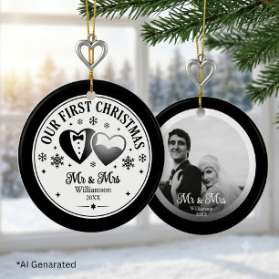 Ornamento De Cerâmica Foto personalizada preto e branco elegante primeir