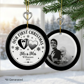 Ornamento De Cerâmica Foto personalizada preto e branco elegante primeir