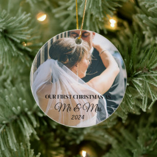 Ornamento De Cerâmica Foto personalizada Primeiro Natal como casado