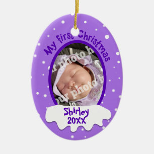 Ornamento De Cerâmica Foto personalizada primeiro roxo do Natal do bebê