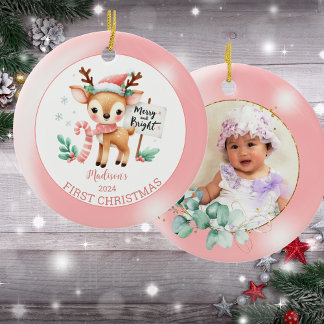 Ornamento De Cerâmica Foto personalizada Woodland Deer Christmas