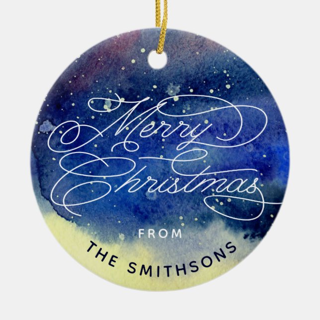 Ornamento De Cerâmica Foto personalizável Marinho azul feliz Feliz Natal (Frente)