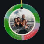 Ornamento De Cerâmica Foto Pintada Verde e Vermelha Duas<br><div class="desc">Personalize este ornamento cerâmico com duas das suas melhores fotos e texto personalizado e dê um presente de Enfeites de natal artístico e moderno aos entes queridos ou guarde para si mesmo um momento especial no tempo ou pessoa especial na sua vida. Cada lado tem uma foto única, enquadrada dentro...</div>