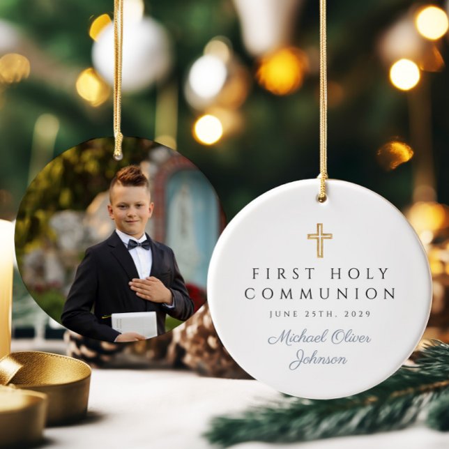 Ornamento De Cerâmica Foto: Primeira Comunhão de Cristo Religioso (Photo Religious Cross Boy First Communion Ceramic Ornament)