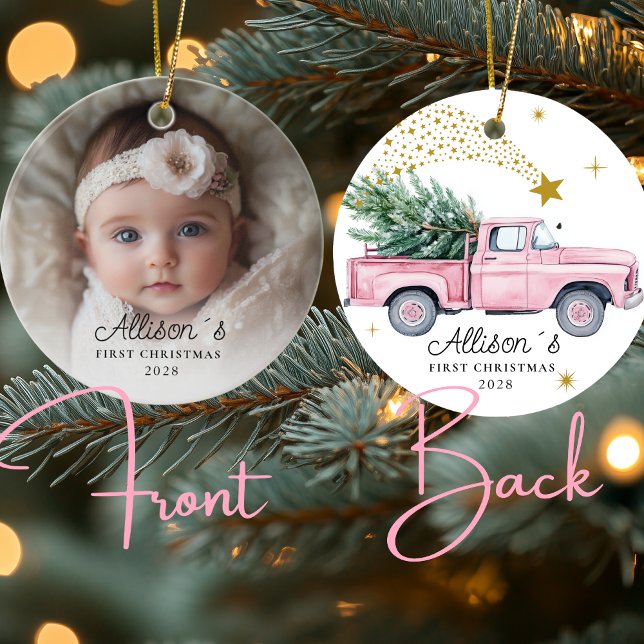 Ornamento De Cerâmica Foto: Primeiro Natal do Bebê - Caminhão Rosa (Photo Baby's First Christmas - Pink Truck with Christmas tree & Stars Ceramic Ornament)