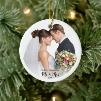 Ornamento De Cerâmica Foto Primeiro Natal Sr. e Sra. Personalizada