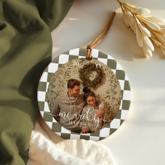 Ornamento De Cerâmica Foto recém-casada do Quadro de Verificação Retro C