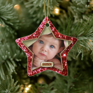 Ornamento De Cerâmica Foto Red/Dourada Sparkle Star