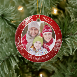 Ornamento De Cerâmica Foto Red White Modern Snowflake Personalizada