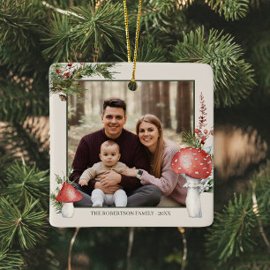Ornamento De Cerâmica Foto Rustic Christmas Woodland Mushroom