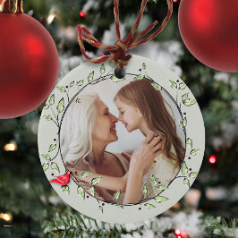 Ornamento De Cerâmica Foto Simples Red Cardinal Greenery Wreath