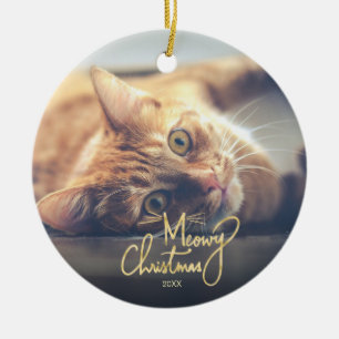 Ornamento De Cerâmica Foto temático do gato engraçado do Natal de Meow