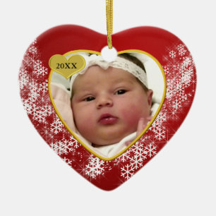 Ornamento De Cerâmica Foto vermelha do coração do Natal nevado dos bebês