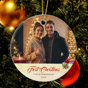 Ornamento De Cerâmica Foto Winter Modern Watercolor Primeiro Natal