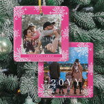 Ornamento De Cerâmica Fotografia da família Snowflakes 2, cor-de-rosa, p<br><div class="desc">Inverno elegante,  russo,  cor-de-rosa-quente e xadrez branca,  modelo de ornamento da árvore de manutenção com flocos de neve cintilantes.                          Fácil de personalizar com suas 2 fotos,  texto,  nome da família e ano!</div>