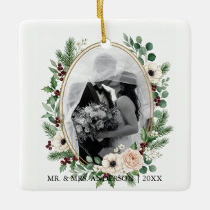 Ornamento De Cerâmica Fotografia de casamento em moldura dourada com gre